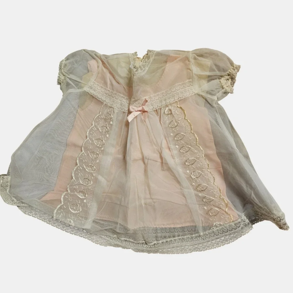 Vintage Tulle Baby Doll‎ Dress 2T Lace Trim Puffed Sleeves Pink White Heirloom